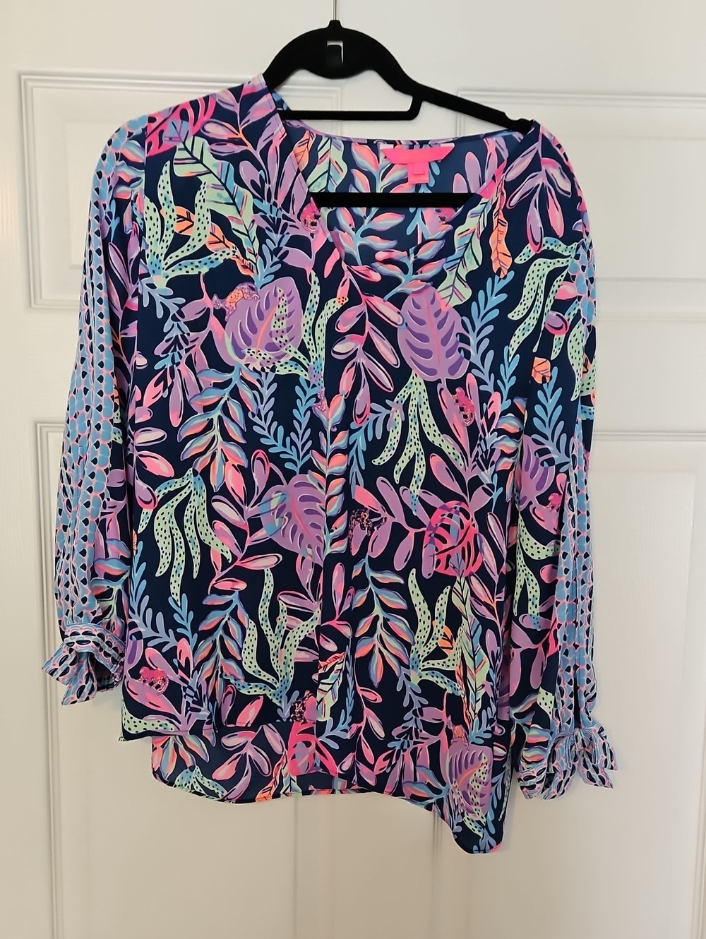 Womens Navy Floral V-Neck Blouse - Pink & Lavender Leaf Print- LILLY PULITZER